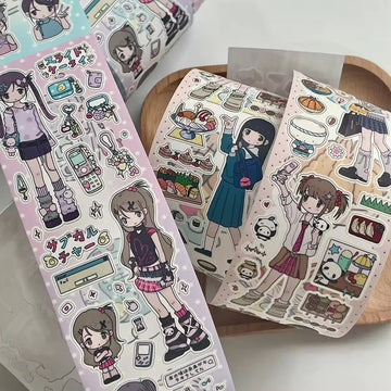 Cute Character Girl's Daily Routine Adhesive Tape