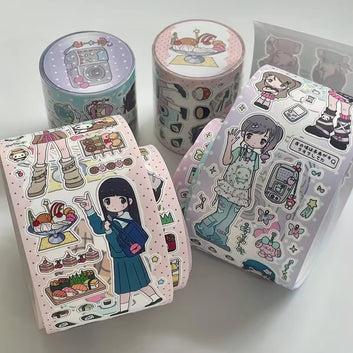 Cute Character Girl's Daily Routine Adhesive Tape