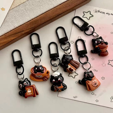 Mini Cute Black Cat Coffee Keychain
